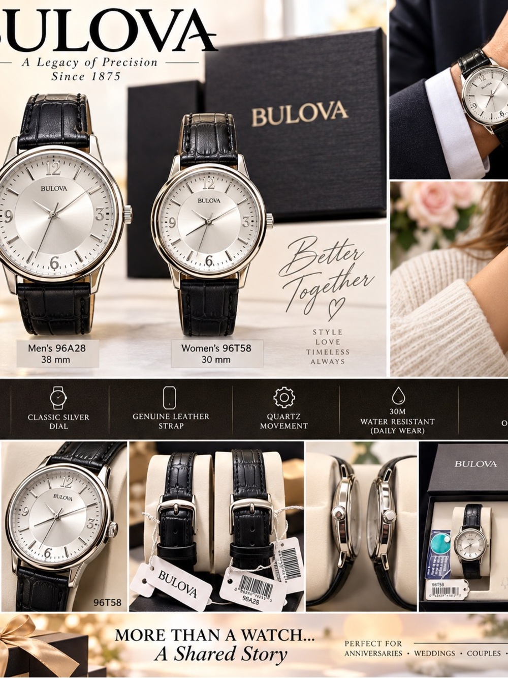 Bulova Silver Dial His & Her Watch set with Black Leather Strap